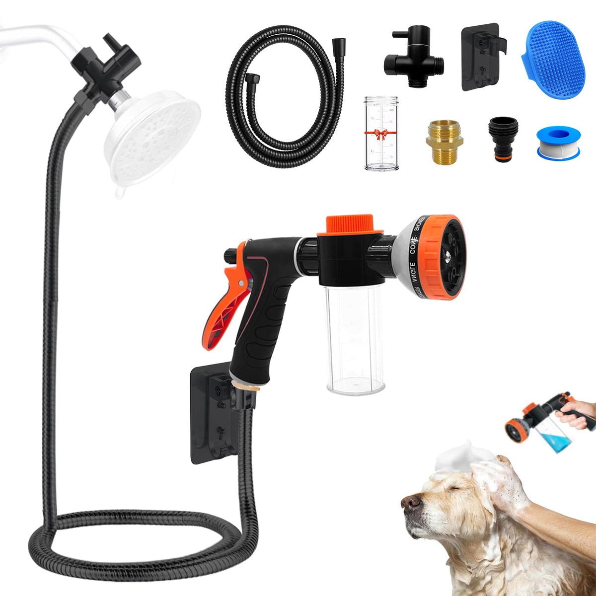 Dog Washing Hose Attachment with Black Shower Diverter for Indoor and Outdoor Pet Bathing